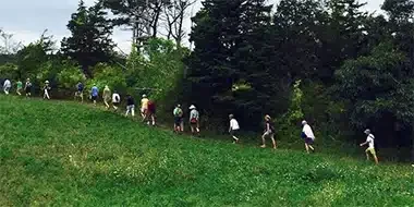 People walking across a grassy field