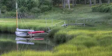 Small boat docked beside a grassy shoreline