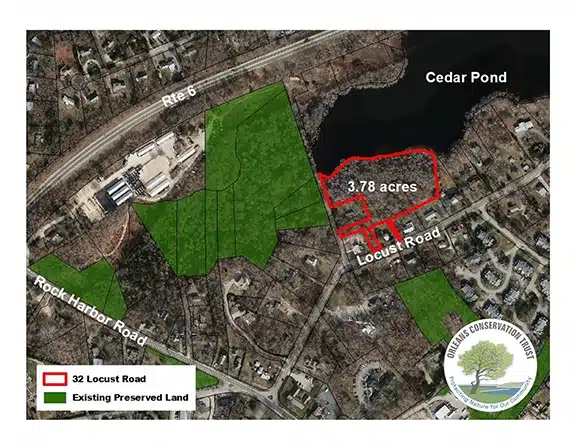 Map showing conservation land and a highlighted property near Cedar Pond